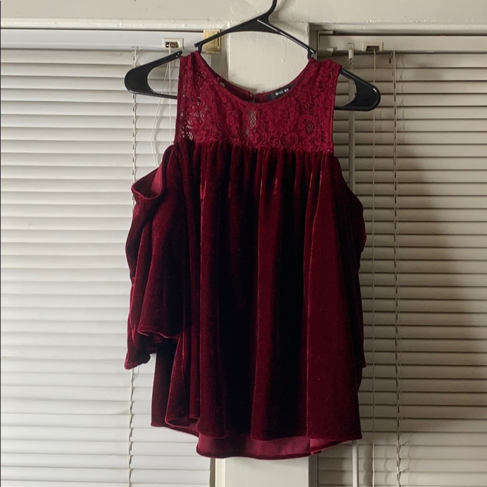 Red Velvet off the shoulder flowy blouse